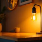 A photograph of a well-lit interior space showcasing a stylish lamp using a 40 w type b bulb