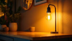 A photograph of a well-lit interior space showcasing a stylish lamp using a 40 w type b bulb