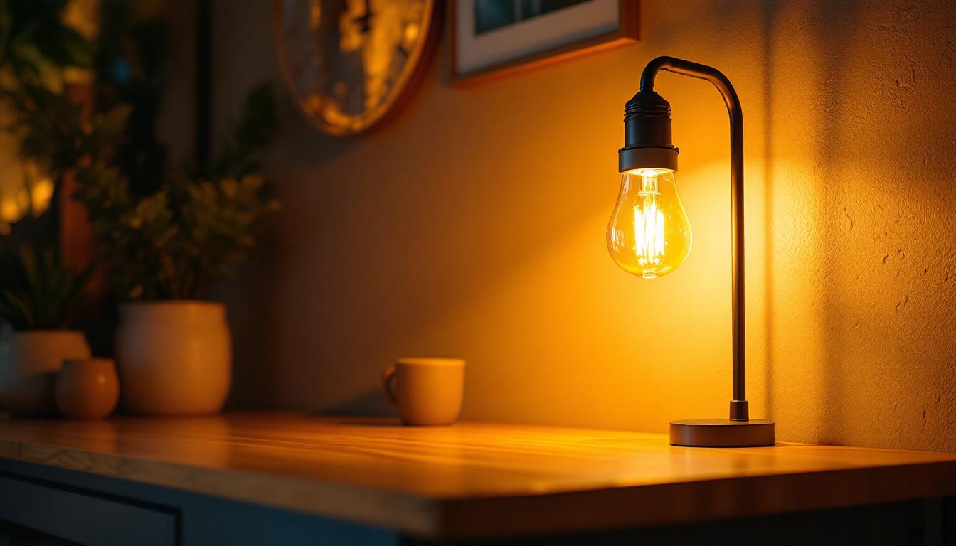 A photograph of a well-lit interior space showcasing a stylish lamp using a 40 w type b bulb