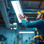 A photograph of a lighting contractor installing an 8 ft fluorescent led replacement fixture in a commercial setting