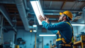 A photograph of a lighting contractor installing an 8 ft fluorescent led replacement fixture in a commercial setting
