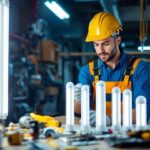A photograph of a lighting contractor examining various standard fluorescent tube sizes in a well-lit workspace