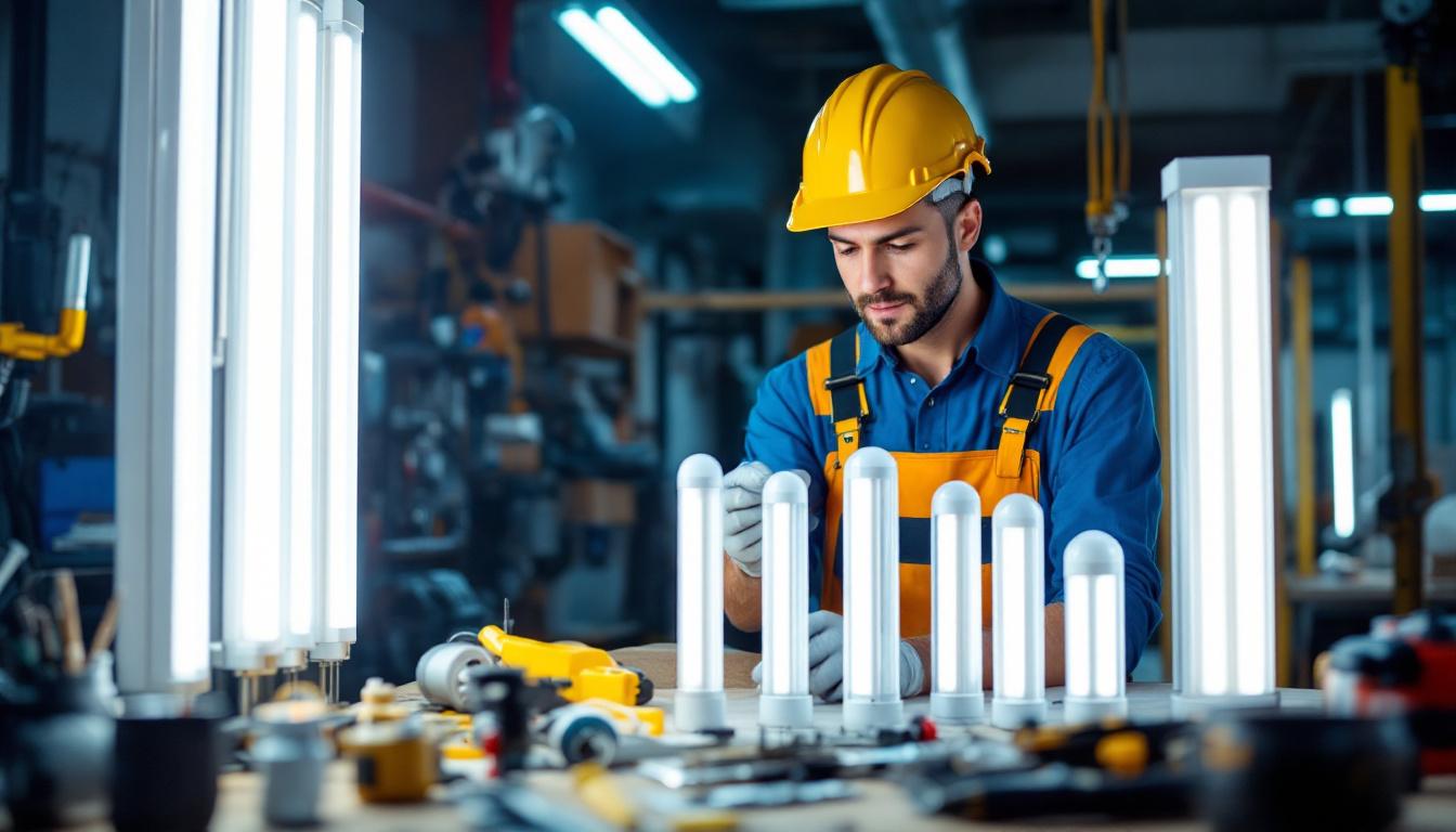 A photograph of a lighting contractor examining various standard fluorescent tube sizes in a well-lit workspace