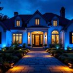 A photograph of capture a photograph of a beautifully lit exterior of a house at dusk
