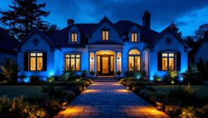 A photograph of capture a photograph of a beautifully lit exterior of a house at dusk