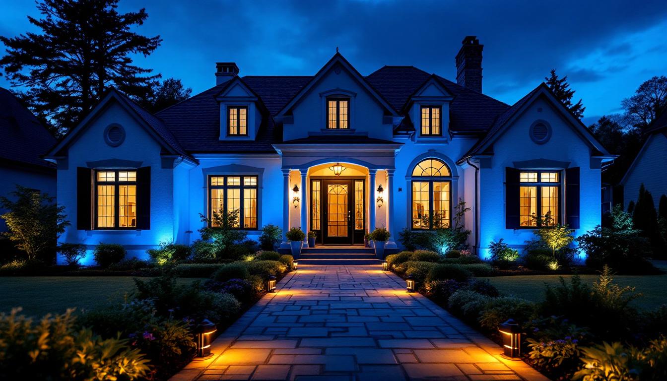 A photograph of capture a photograph of a beautifully lit exterior of a house at dusk