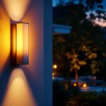 A photograph of a stylish outdoor wall sconce illuminating a modern patio or garden setting during twilight
