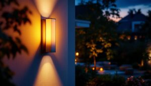 A photograph of a stylish outdoor wall sconce illuminating a modern patio or garden setting during twilight