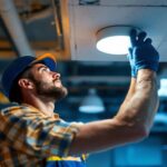 A photograph of a lighting contractor skillfully installing or adjusting a ceiling fixture in a commercial space