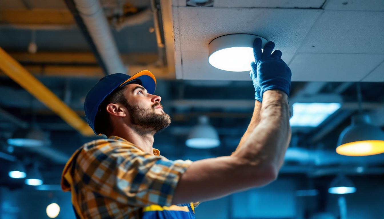 A photograph of a lighting contractor skillfully installing or adjusting a ceiling fixture in a commercial space