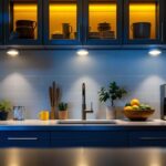 A photograph of a well-designed kitchen featuring small under cabinet lights illuminating the workspace