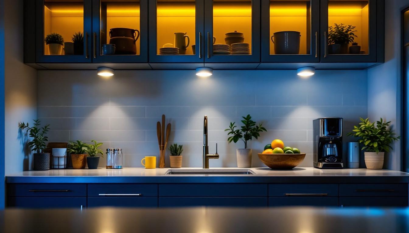 A photograph of a well-designed kitchen featuring small under cabinet lights illuminating the workspace