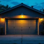 A photograph of a well-lit outdoor garage setting at dusk