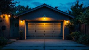 A photograph of a well-lit outdoor garage setting at dusk