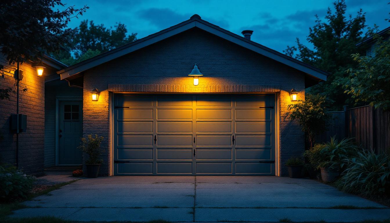A photograph of a well-lit outdoor garage setting at dusk