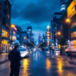 A photograph of a bustling urban scene featuring a variety of commercial buildings illuminated by different types of outdoor lighting