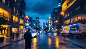 A photograph of a bustling urban scene featuring a variety of commercial buildings illuminated by different types of outdoor lighting