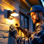 A photograph of a skilled lighting contractor expertly installing a low voltage address light in a residential setting