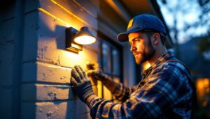 A photograph of a skilled lighting contractor expertly installing a low voltage address light in a residential setting