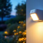 A photograph of a sleek white outdoor motion sensor light installed in a beautifully landscaped garden at dusk
