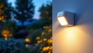 A photograph of a sleek white outdoor motion sensor light installed in a beautifully landscaped garden at dusk