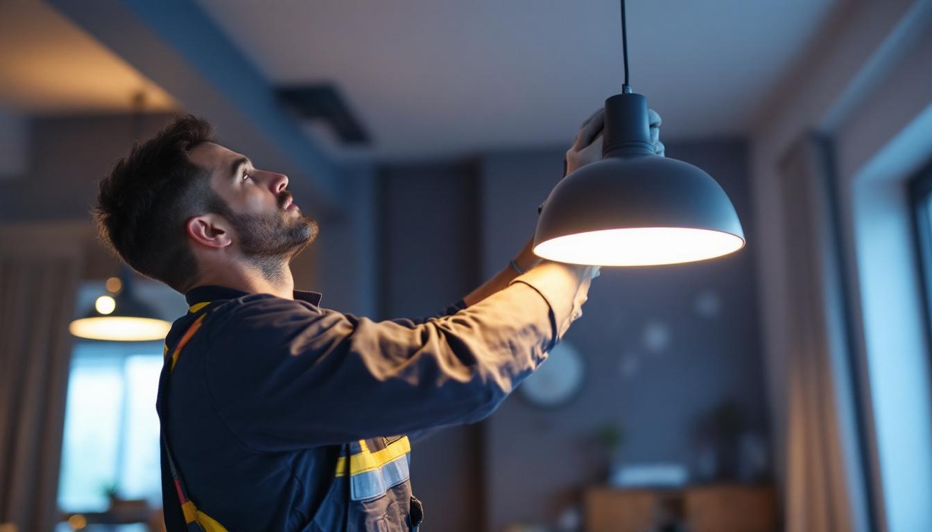 A photograph of a lighting contractor expertly installing or adjusting a stylish satco light fixture in a modern interior space