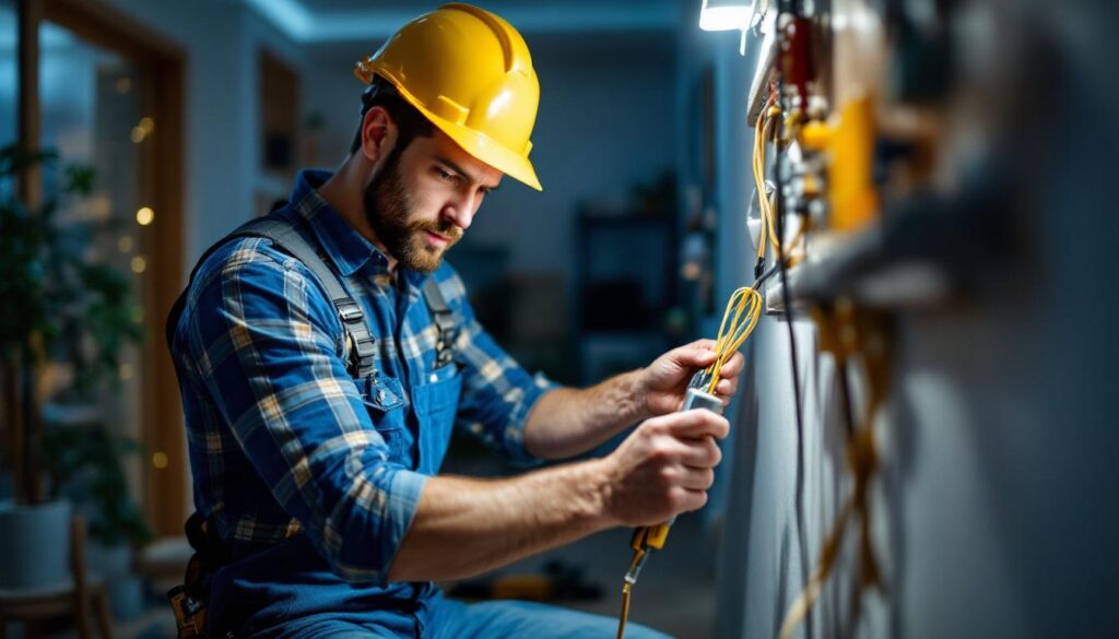 A photograph of a lighting contractor expertly installing wired connectors in a well-lit residential or commercial space