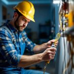 A photograph of a lighting contractor expertly installing wired connectors in a well-lit residential or commercial space
