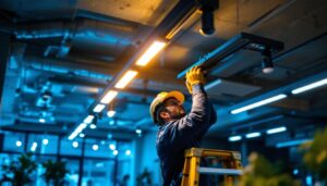 A photograph of a well-lit interior space showcasing suspended ceiling track lighting in action