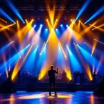 A photograph of a vibrant church stage illuminated by dynamic stage lights