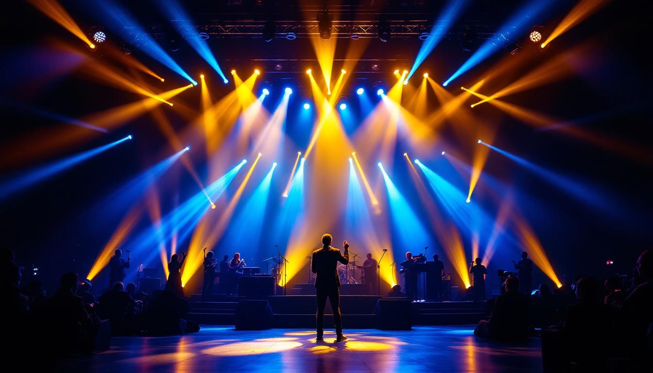 A photograph of a vibrant church stage illuminated by dynamic stage lights