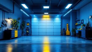 A photograph of a well-lit garage showcasing various led lighting installations