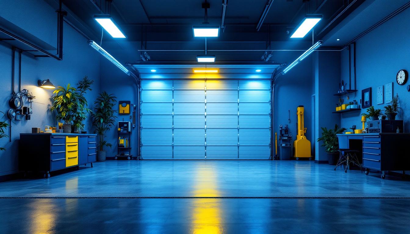 A photograph of a well-lit garage showcasing various led lighting installations