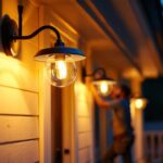 A photograph of a beautifully illuminated porch featuring modern led light fixtures