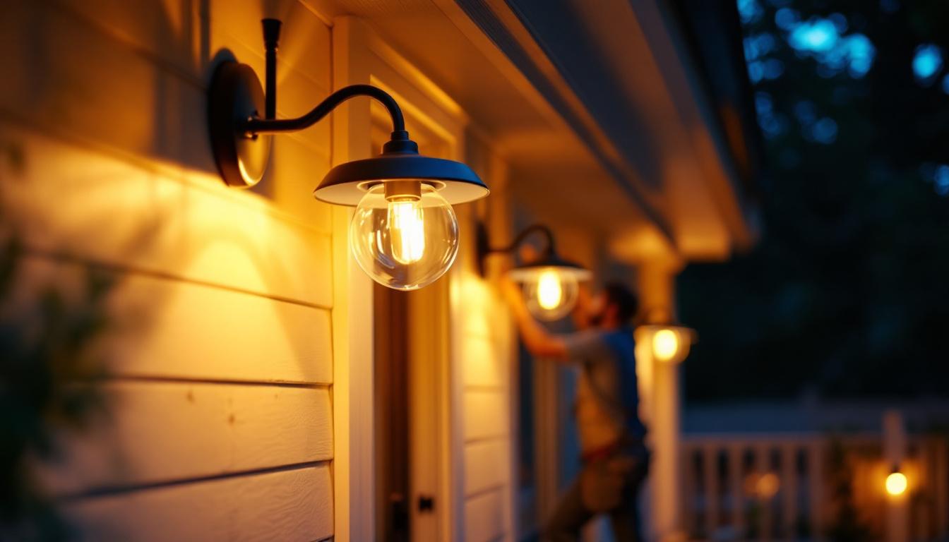 A photograph of a beautifully illuminated porch featuring modern led light fixtures