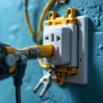 A photograph of a close-up of a wall plug socket being installed by a lighting contractor