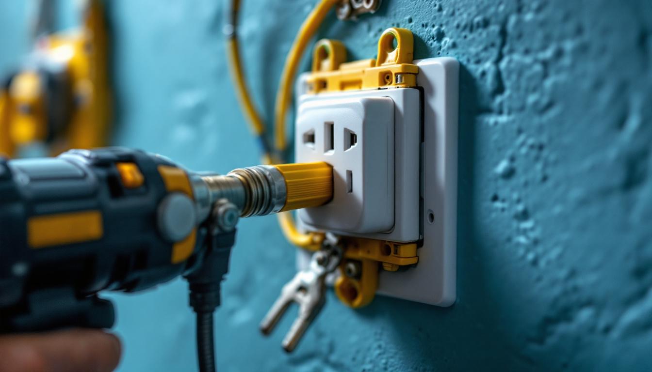 A photograph of a close-up of a wall plug socket being installed by a lighting contractor