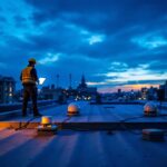 A photograph of a well-lit rooftop scene at dusk