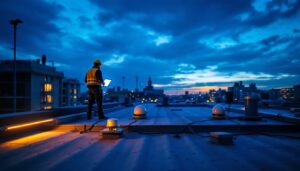 A photograph of a well-lit rooftop scene at dusk
