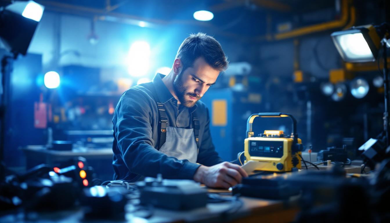 A photograph of a lighting contractor examining a high-powered hps 1000w ballast in a well-lit workshop