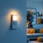 A photograph of a lighting contractor installing a modern wi-fi light switch in a stylish home setting
