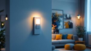 A photograph of a lighting contractor installing a modern wi-fi light switch in a stylish home setting