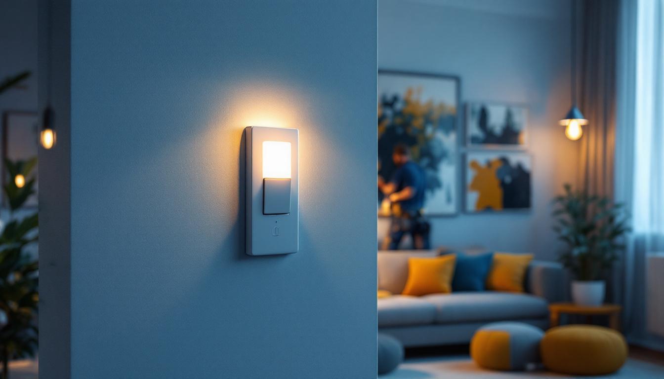 A photograph of a lighting contractor installing a modern wi-fi light switch in a stylish home setting