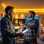 A photograph of a lighting contractor installing solar indoor led lights in a modern home setting