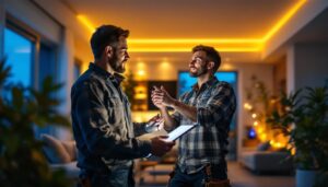 A photograph of a lighting contractor installing solar indoor led lights in a modern home setting