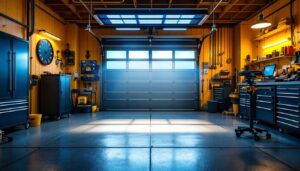 A photograph of a well-lit garage interior showcasing solar-powered lights in action