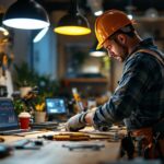 A photograph of a skilled lighting contractor at work