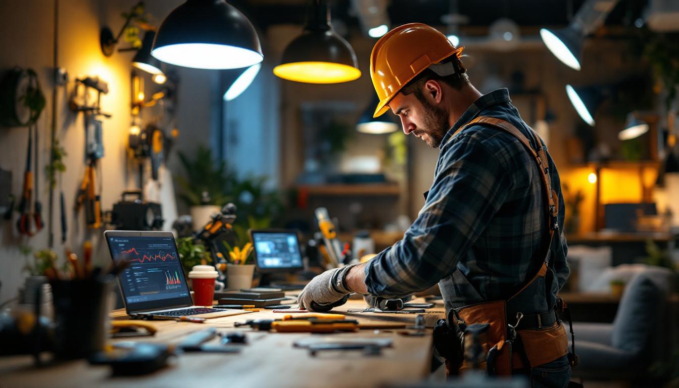 A photograph of a skilled lighting contractor at work