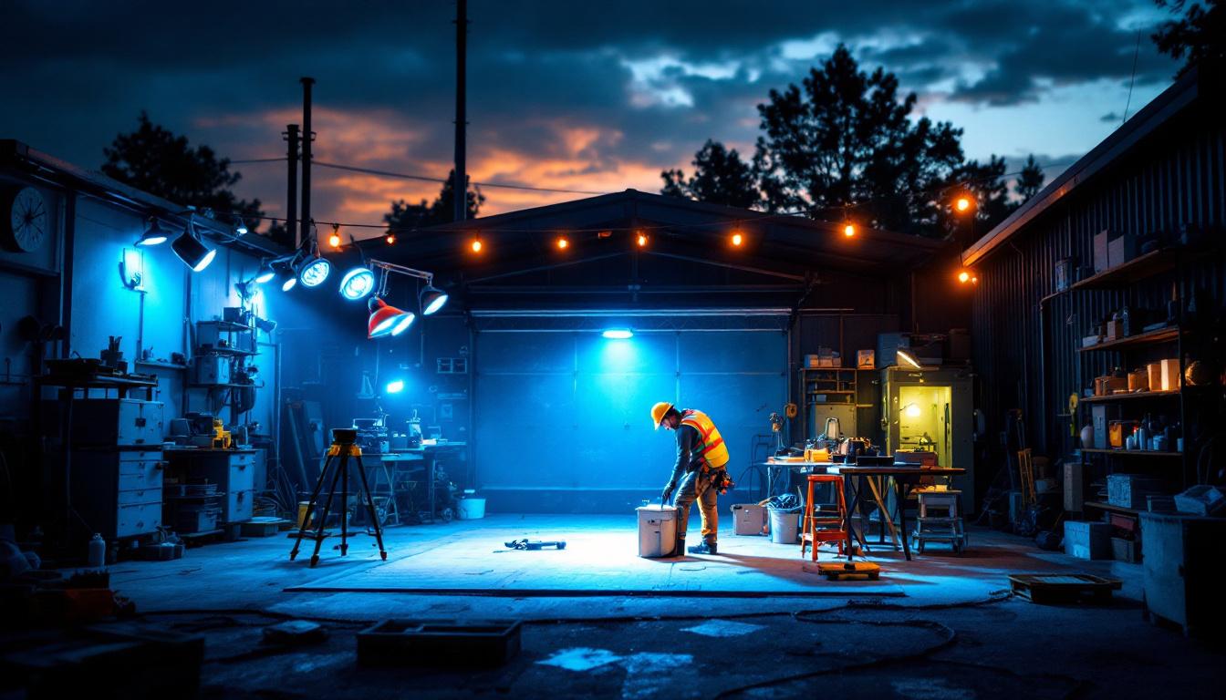 A photograph of a well-lit outdoor workshop scene at dusk