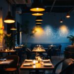 A photograph of a beautifully lit restaurant interior showcasing various lighting fixtures and their effects on the ambiance